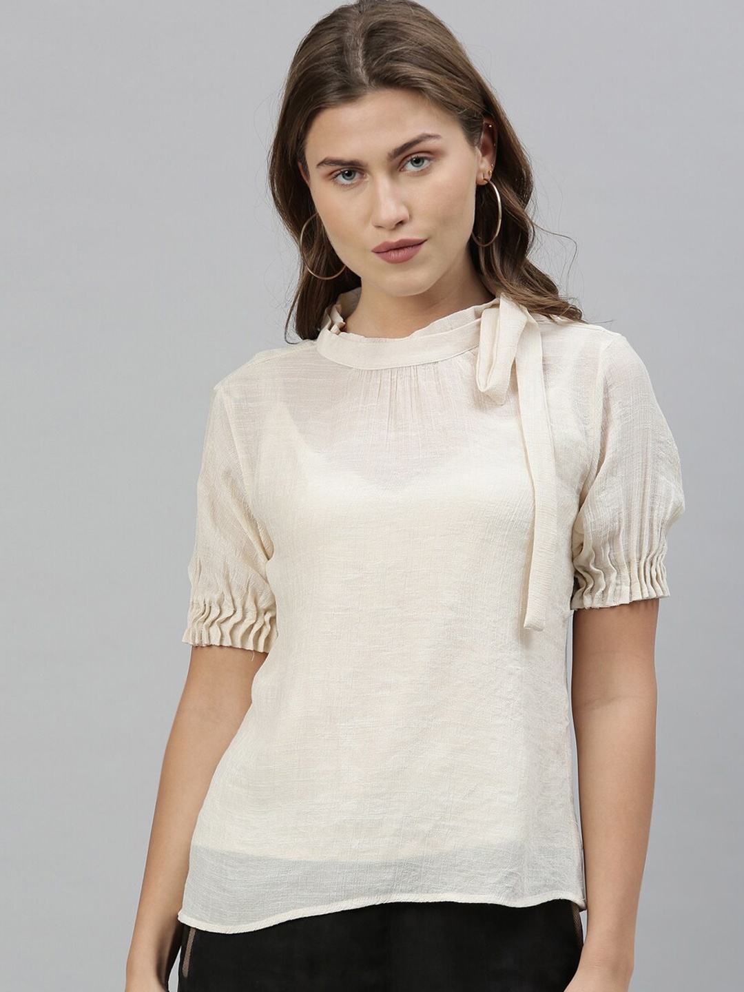 

RAREISM Women Off White Tie-Up Neck Puff Sleeves Top