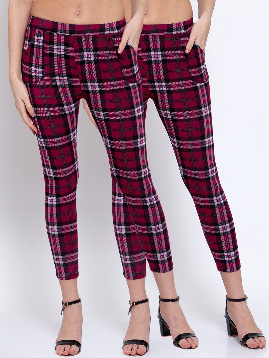 KLOTTHE Women Pack Of 2 Burgundy & White Checked Ankle-Length Leggings