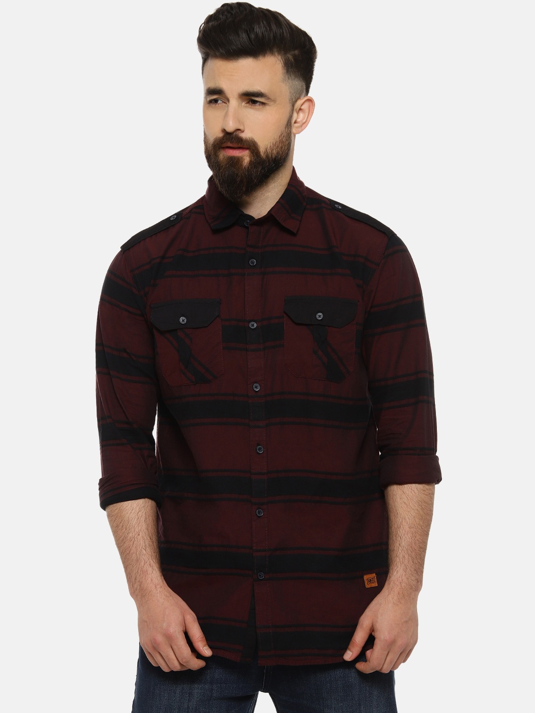 Campus Sutra Men Maroon Regular Fit Striped Casual Shirt