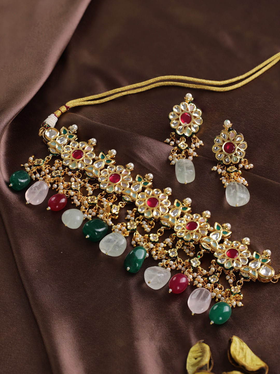 

Priyaasi Gold-Plated Kundan-Studded Red & Green Ruby Emerald Beads Traditional Choker Jewellery Set