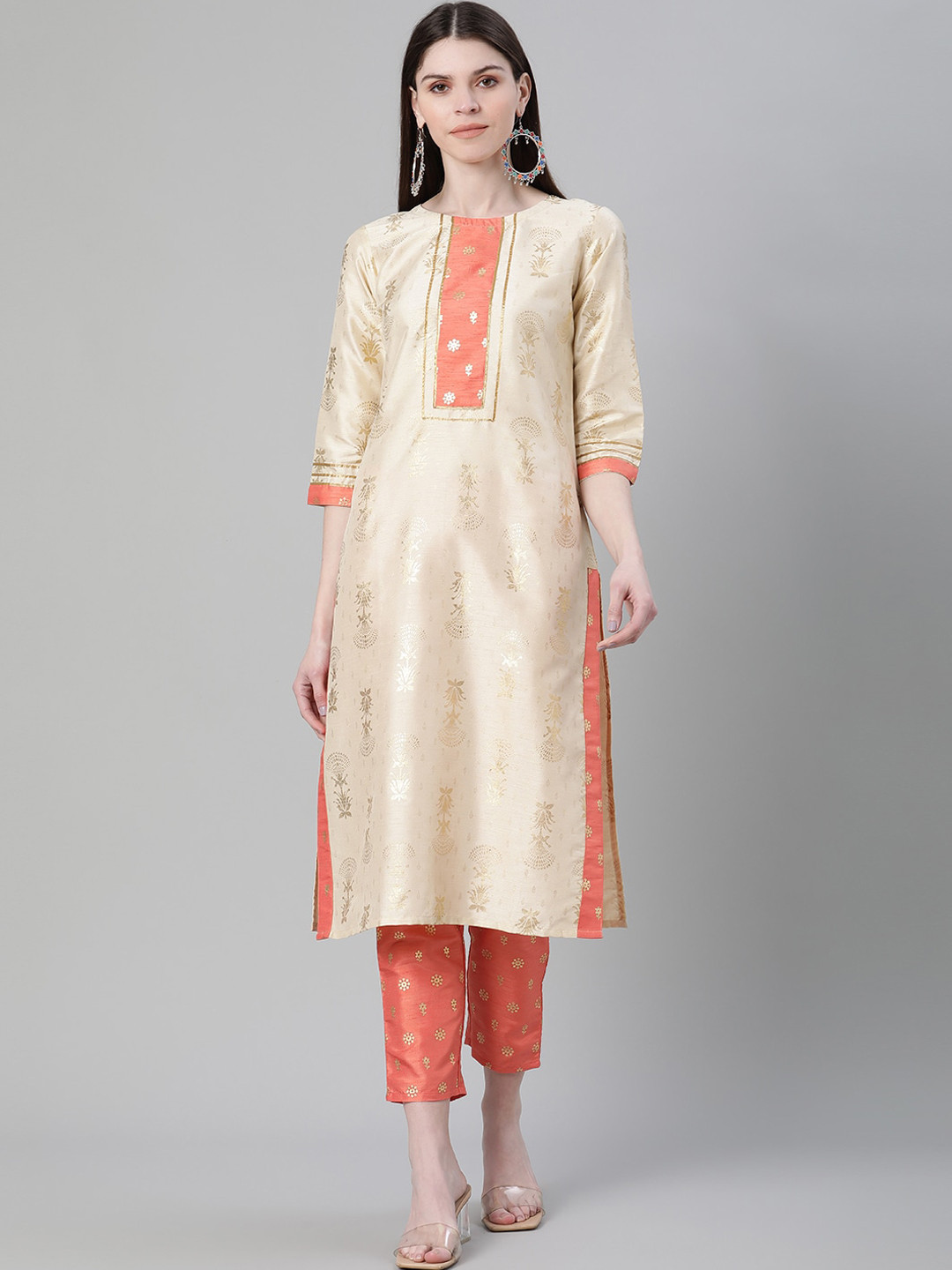 

ZIYAA Women Cream-Coloured & Beige Printed Kurta with Trousers