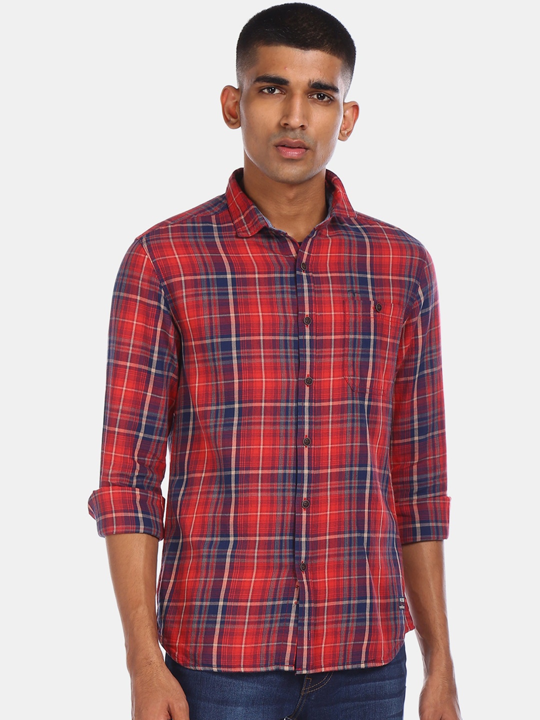 

Flying Machine Men Red & Blue Regular Fit Checked Cotton Casual Shirt