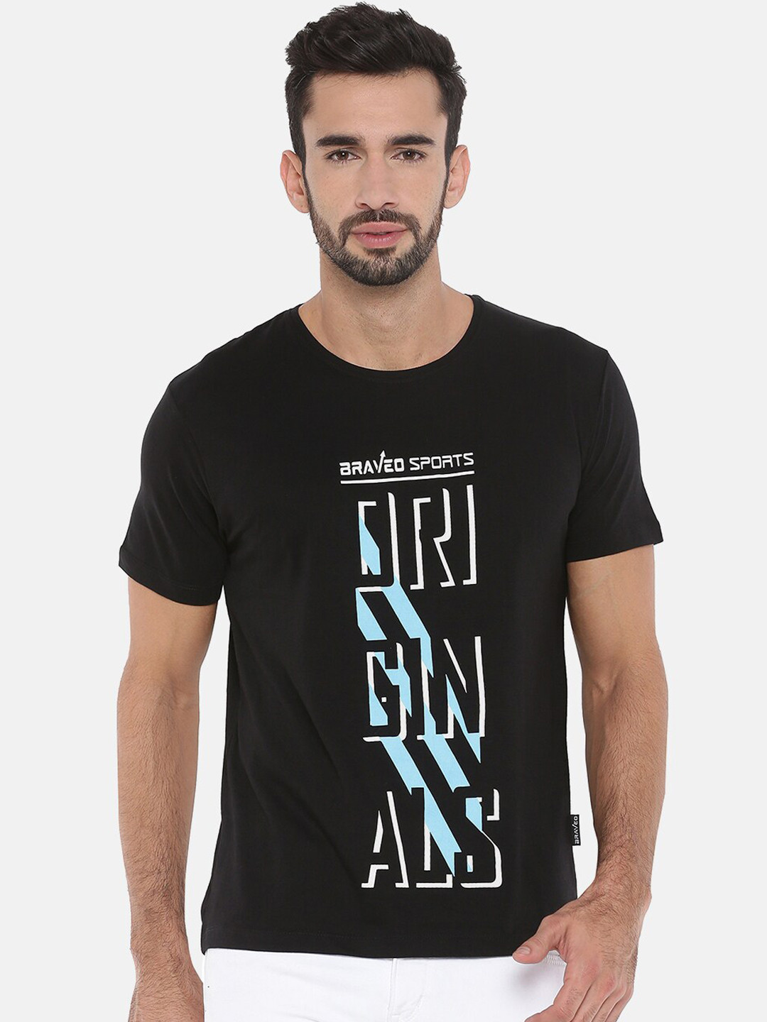 

Braveo Men Black Printed Round Neck Pure Cotton T-shirt