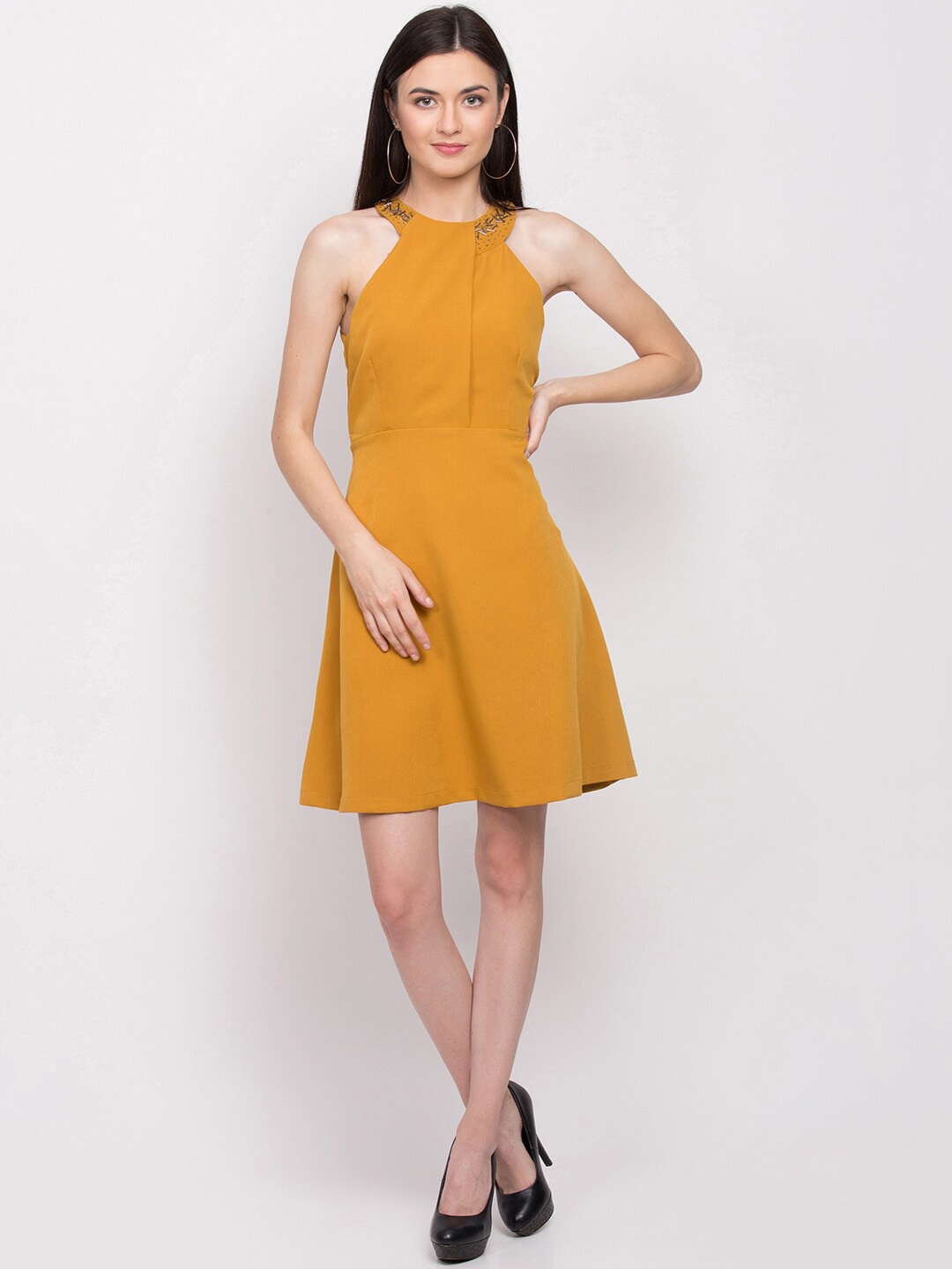 ZOELLA Women Yellow Solid Fit and Flare Dress