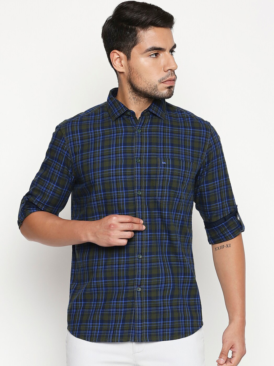 Basics Men Green Slim Fit Checked Casual Shirt