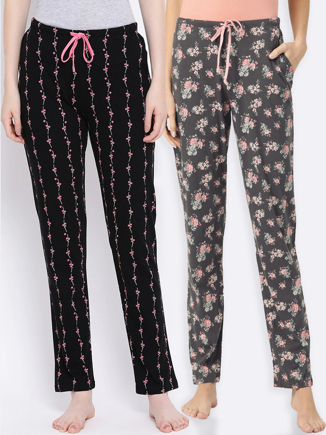

Kanvin Women Pack of 2 Charcoal Grey & Black Printed Lounge Pants