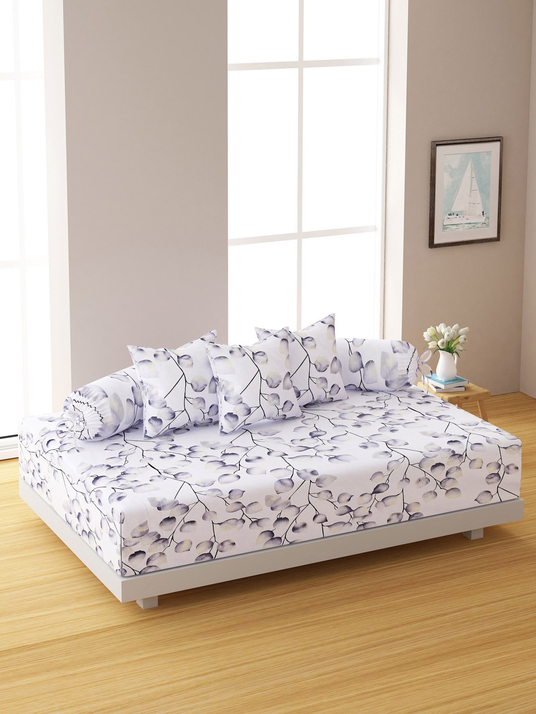 

SWAYAM Set Of 6 White & Grey Floral Printed 144 TC Bedsheet With Bolster & Cushion Covers