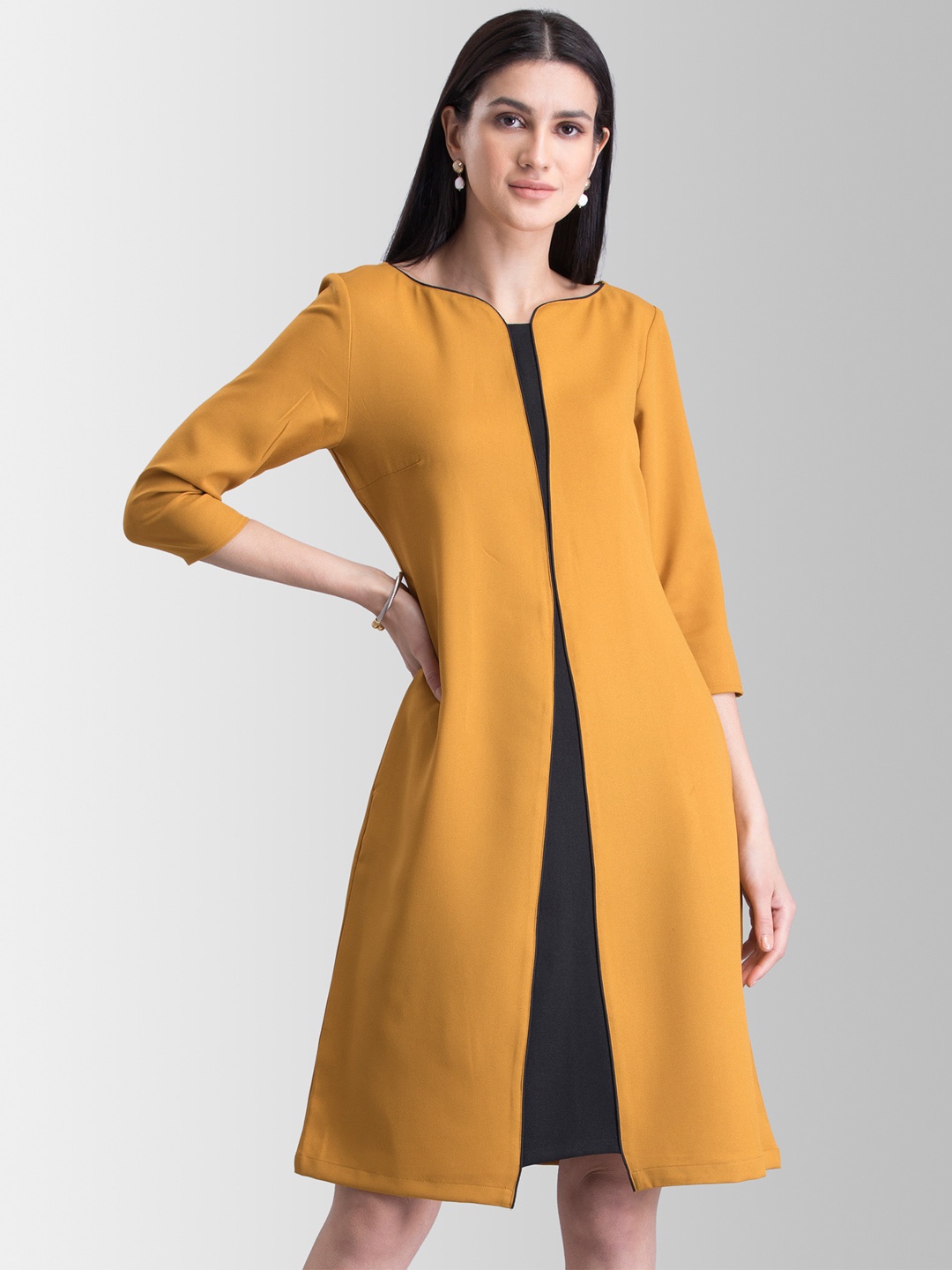 

FableStreet Women Mustard Colourblocked A-Line Dress