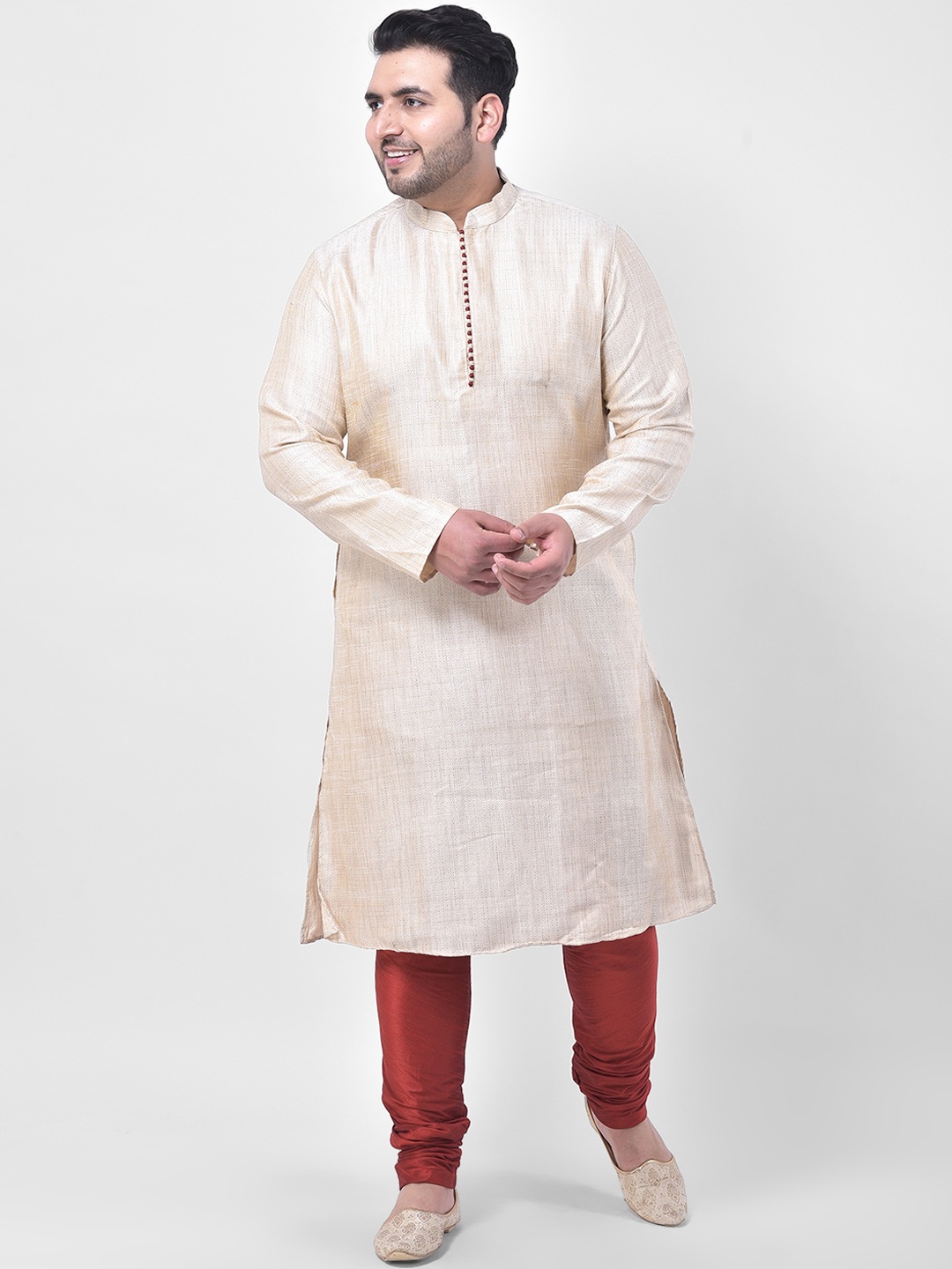 

DEYANN PLUS Men Cream-Coloured Silk Woven Kurta Churidar Set