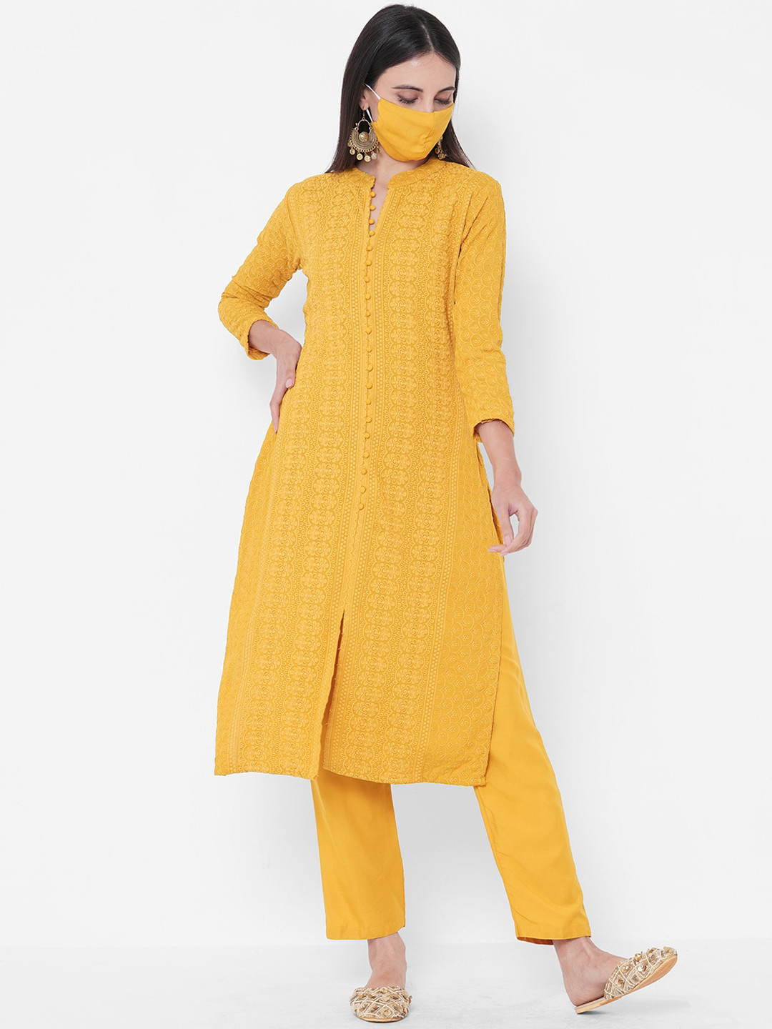 

FASHOR Women Mustard Embroidered Kurta with Trousers