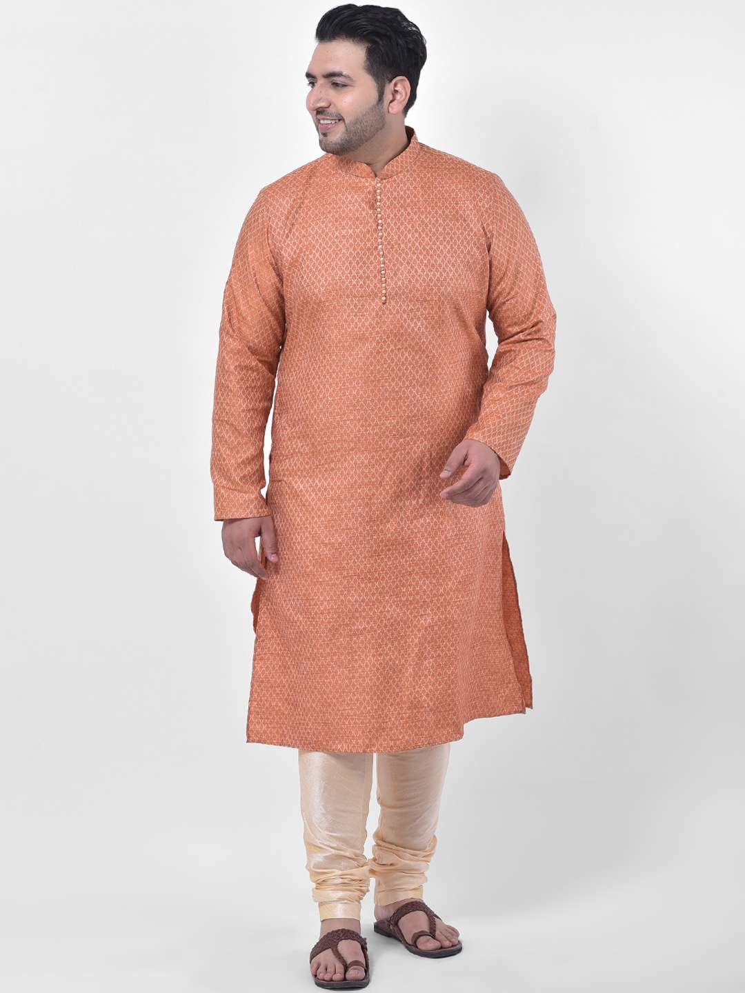 

DEYANN PLUS Men Orange & Cream-Coloured Woven Design Kurta with Churidar