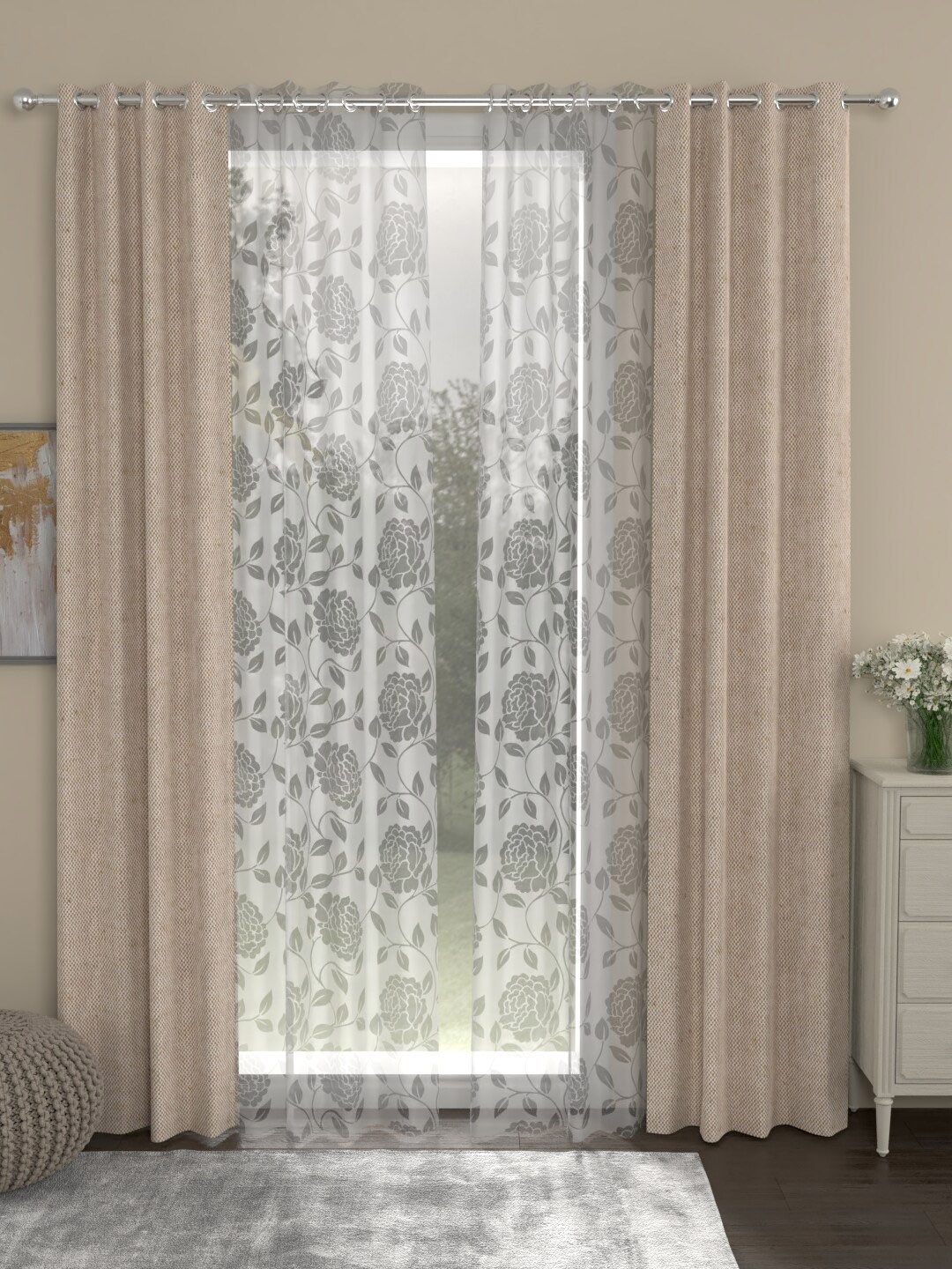 

ROSARA HOME Beige & White Set of 4 Long Door Curtains