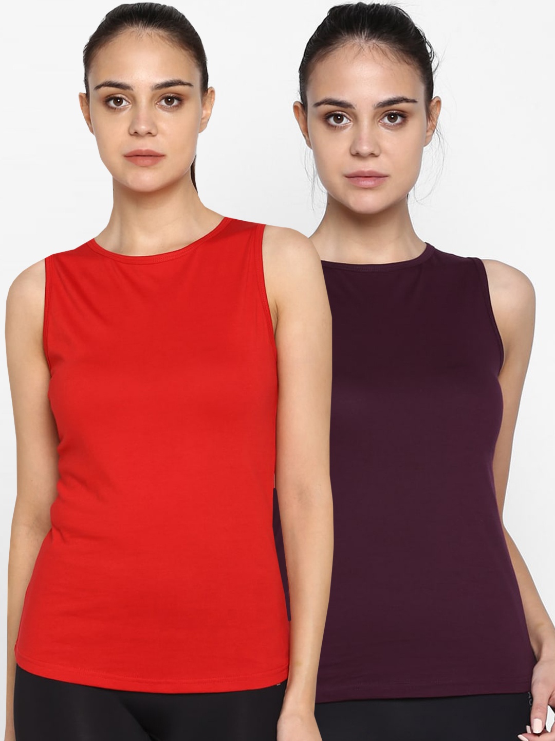 

appulse Women Pack of 2 Slim Fit Solid Round Neck T-shirts, Maroon