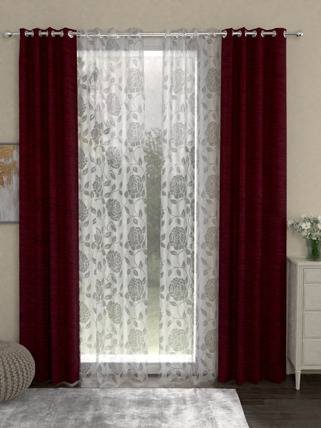 

ROSARA HOME Maroon & White Set of 4 Eyelet Regular & Sheer Long Door Curtains