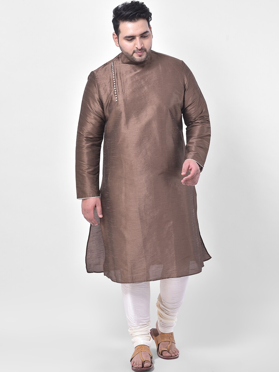 DEYANN PLUS Men Brown Mandarin Collar Angrakha Kurta