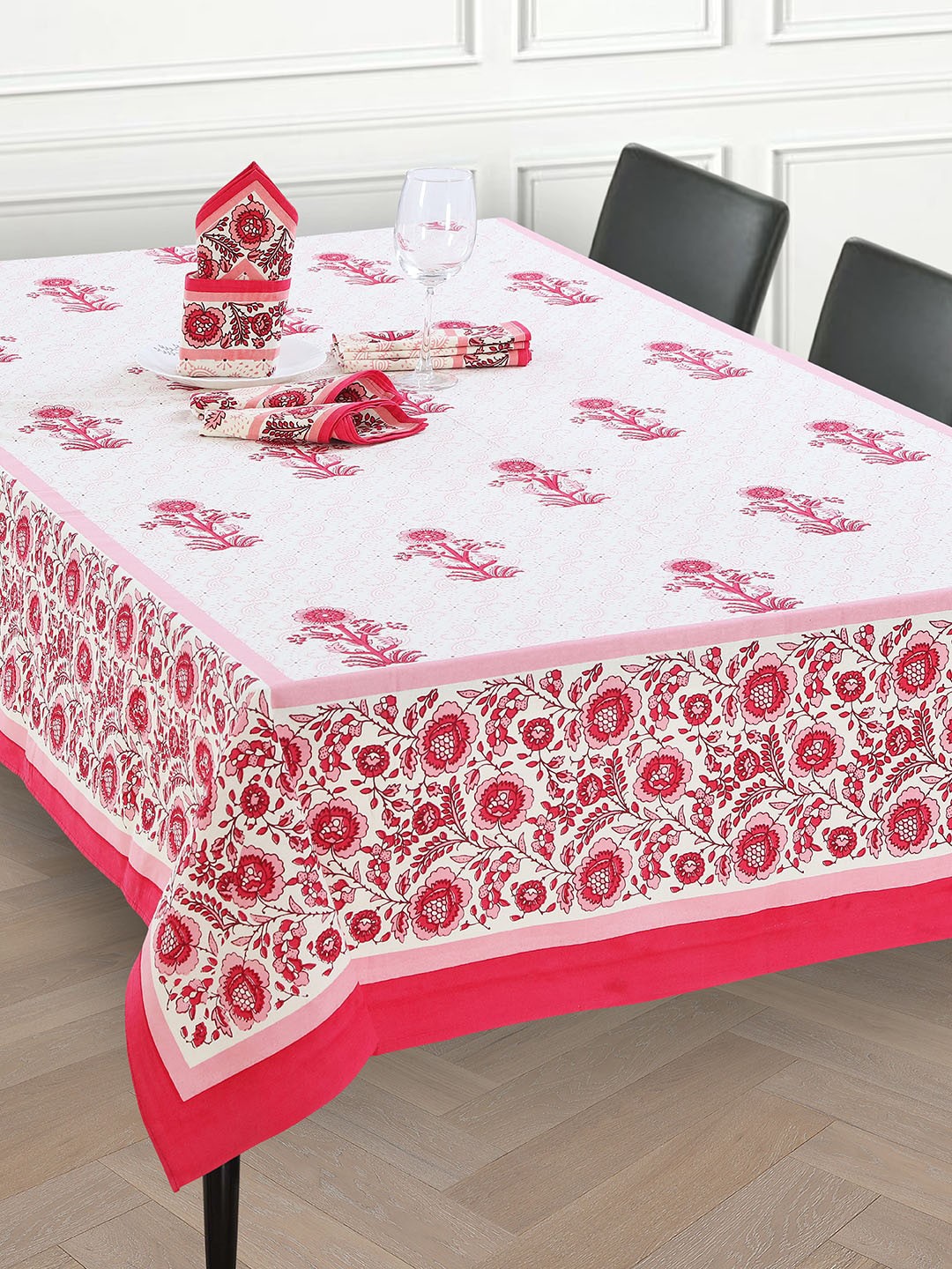 

Salona Bichona Set of 7 White & Pink Floral Cotton Dining Table Cover With Napkins