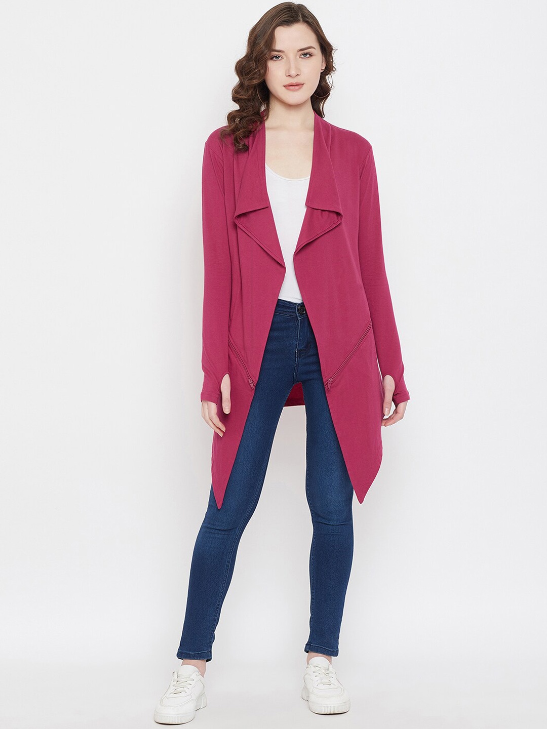 

Hypernation Women Fuchsia Pink Solid Cotton Waterfall Shrug