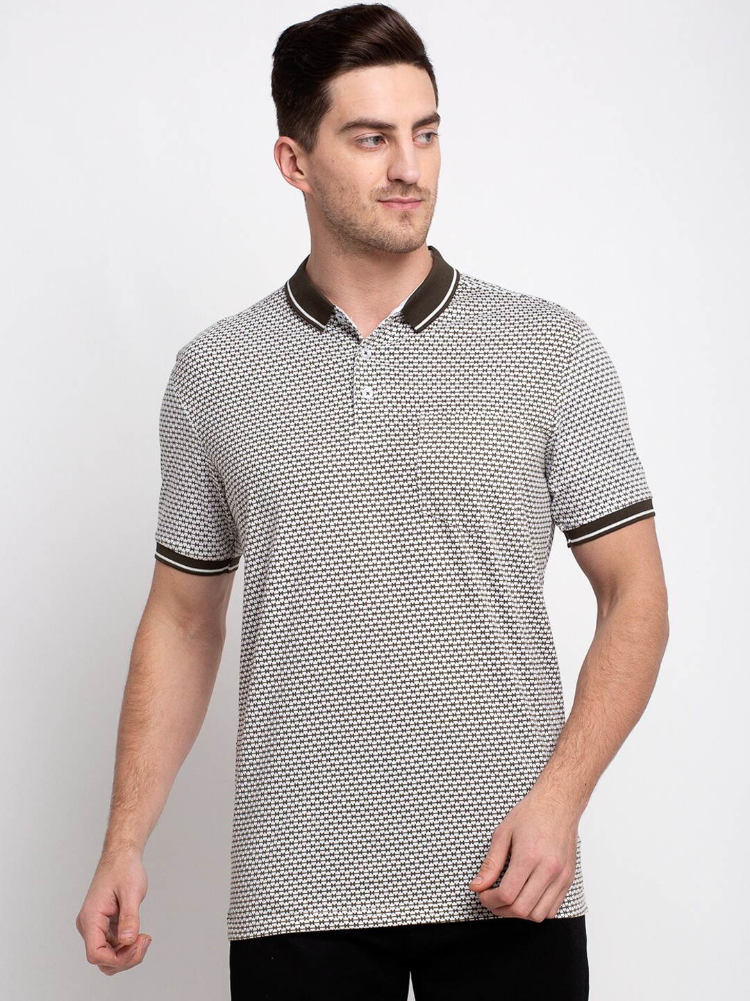 

Rodamo Men White & Olive Green Printed Polo Collar T-shirt