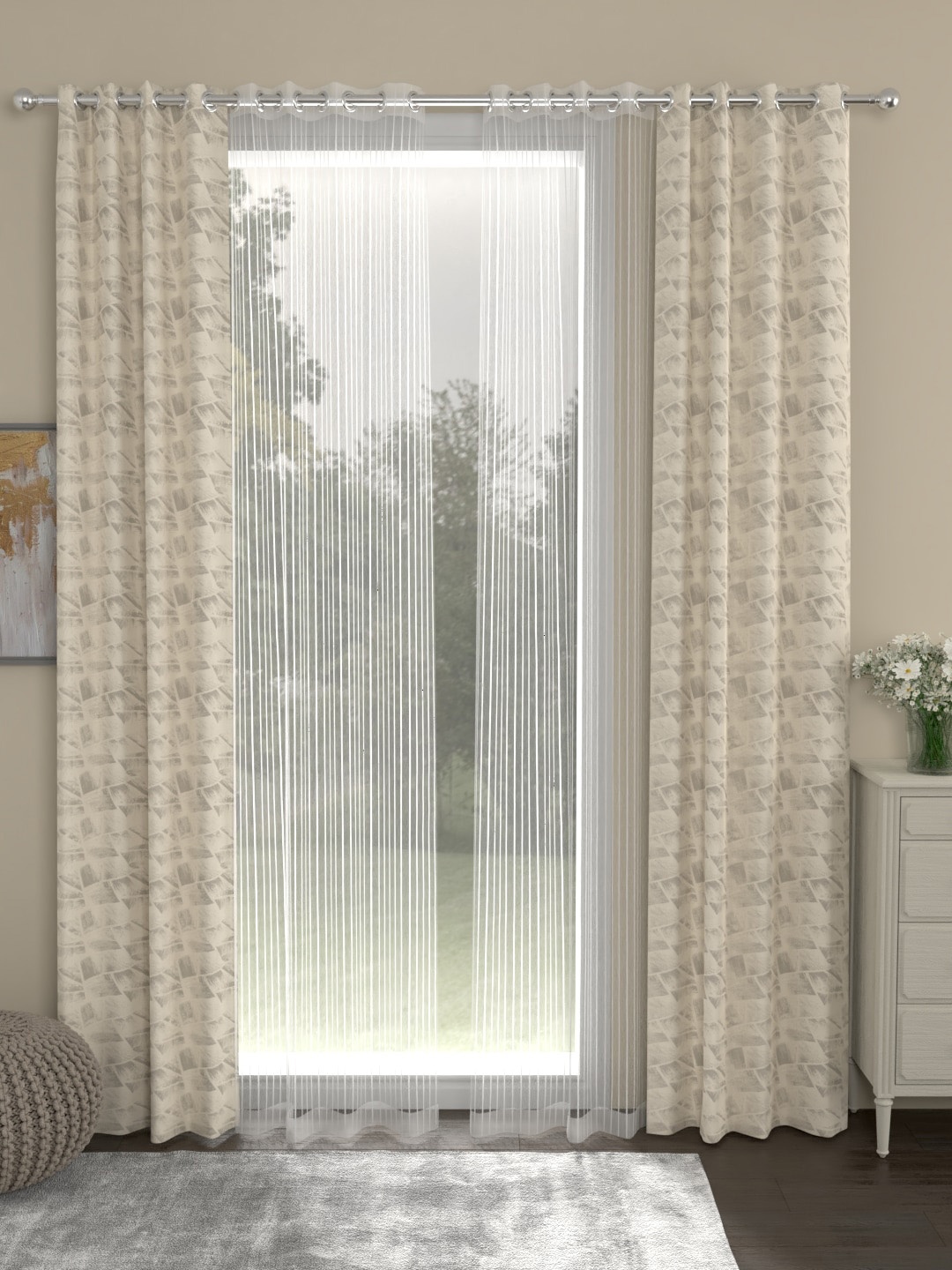 ROSARA HOME Beige & White Set of 4 Long Door Curtains