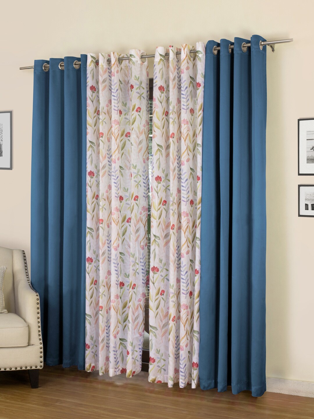 

ROSARA HOME Blue & White Set of 4 Long Door Curtains