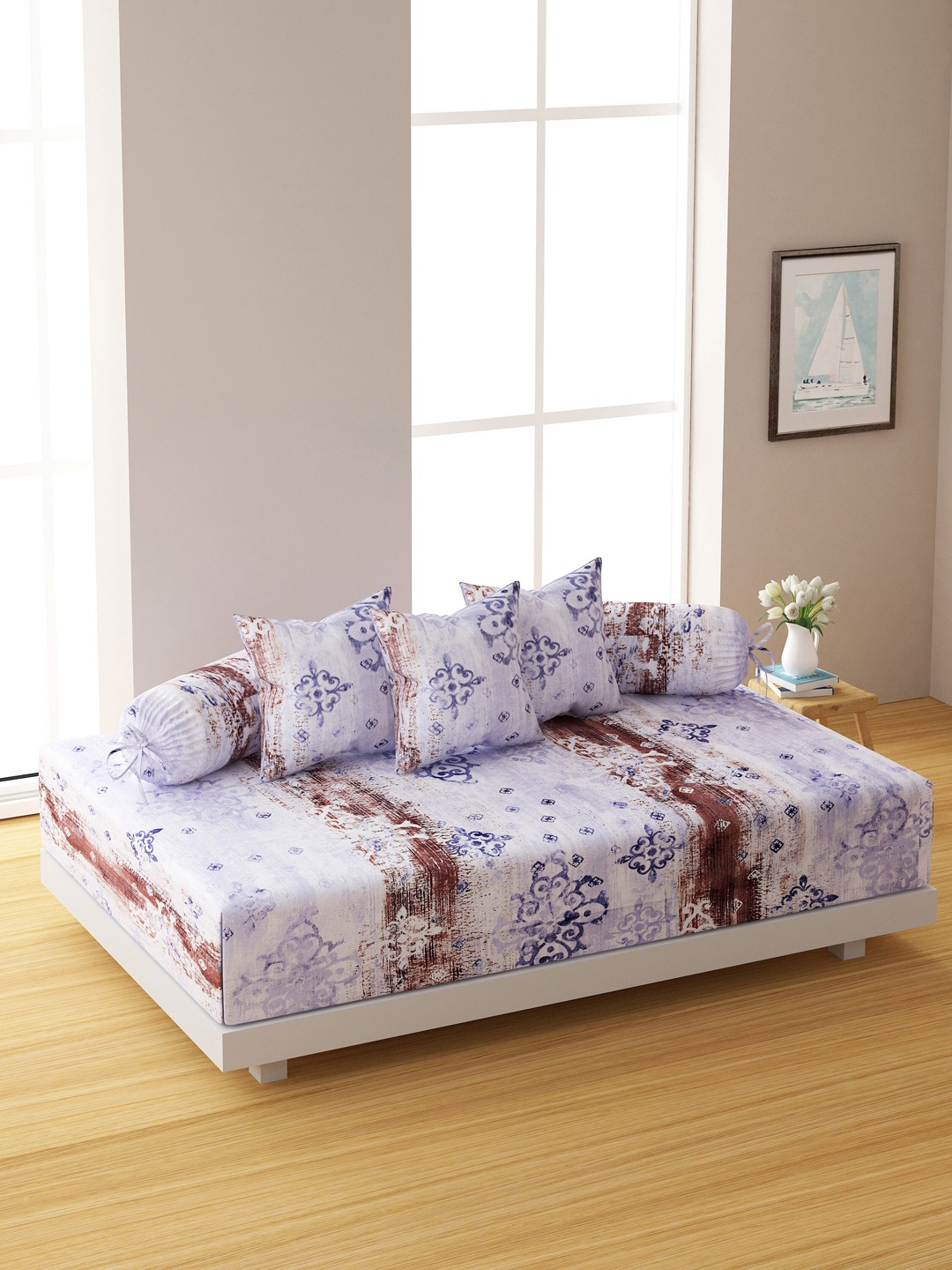 

SWAYAM Set Of 6 Blue & Brown Printed 144 TC Bedsheet With Bolster & Cushion Covers
