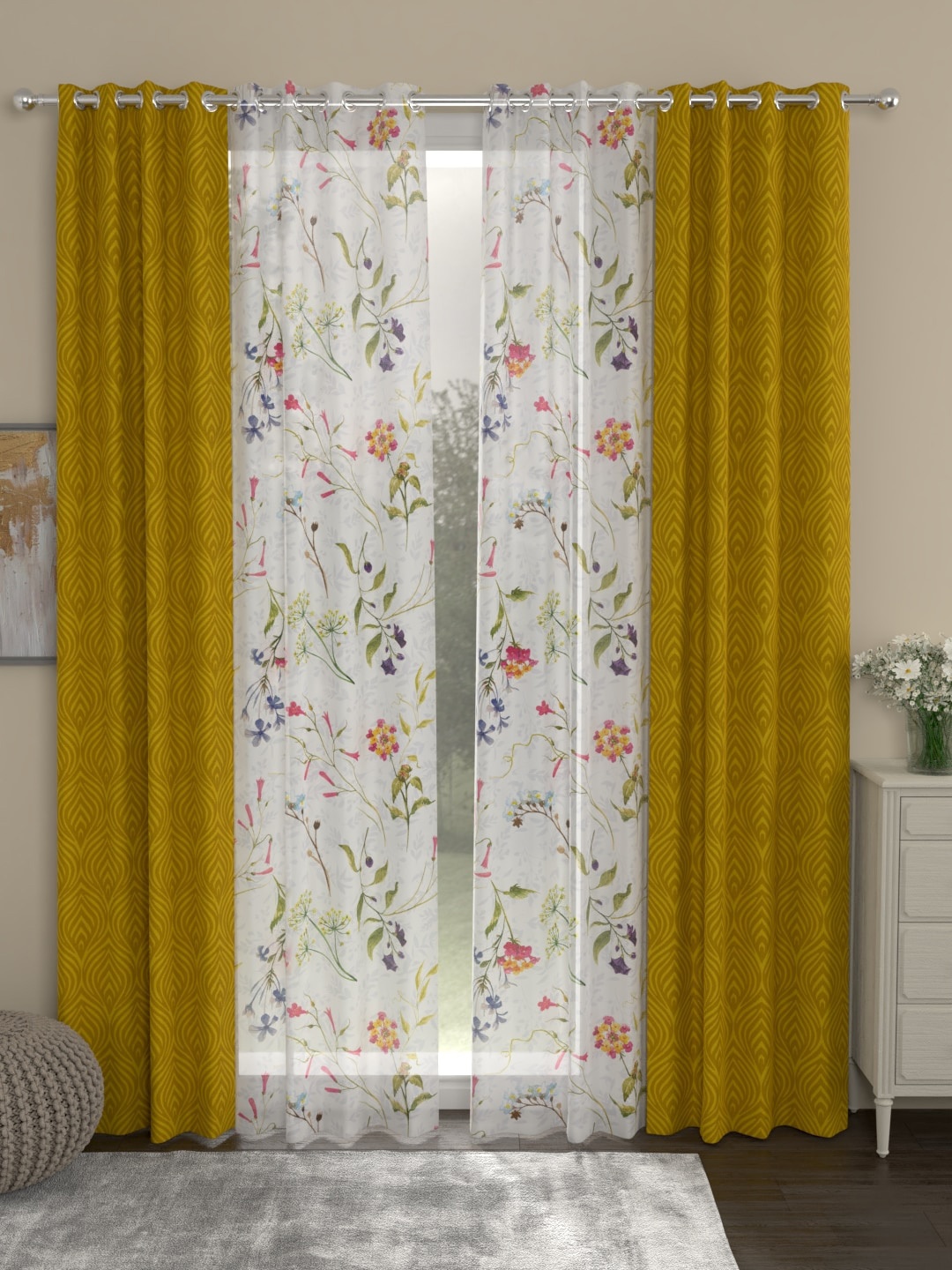 

ROSARA HOME Mustard Yellow & Off-White Set of 4 Regular & Sheer Eyelet Long Door Curtains