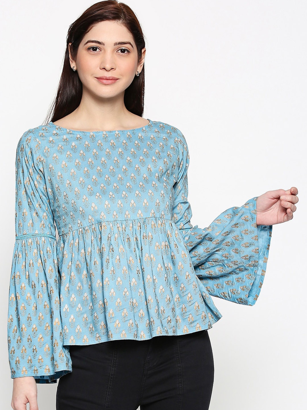 

People Women Blue & Off White Empire Top