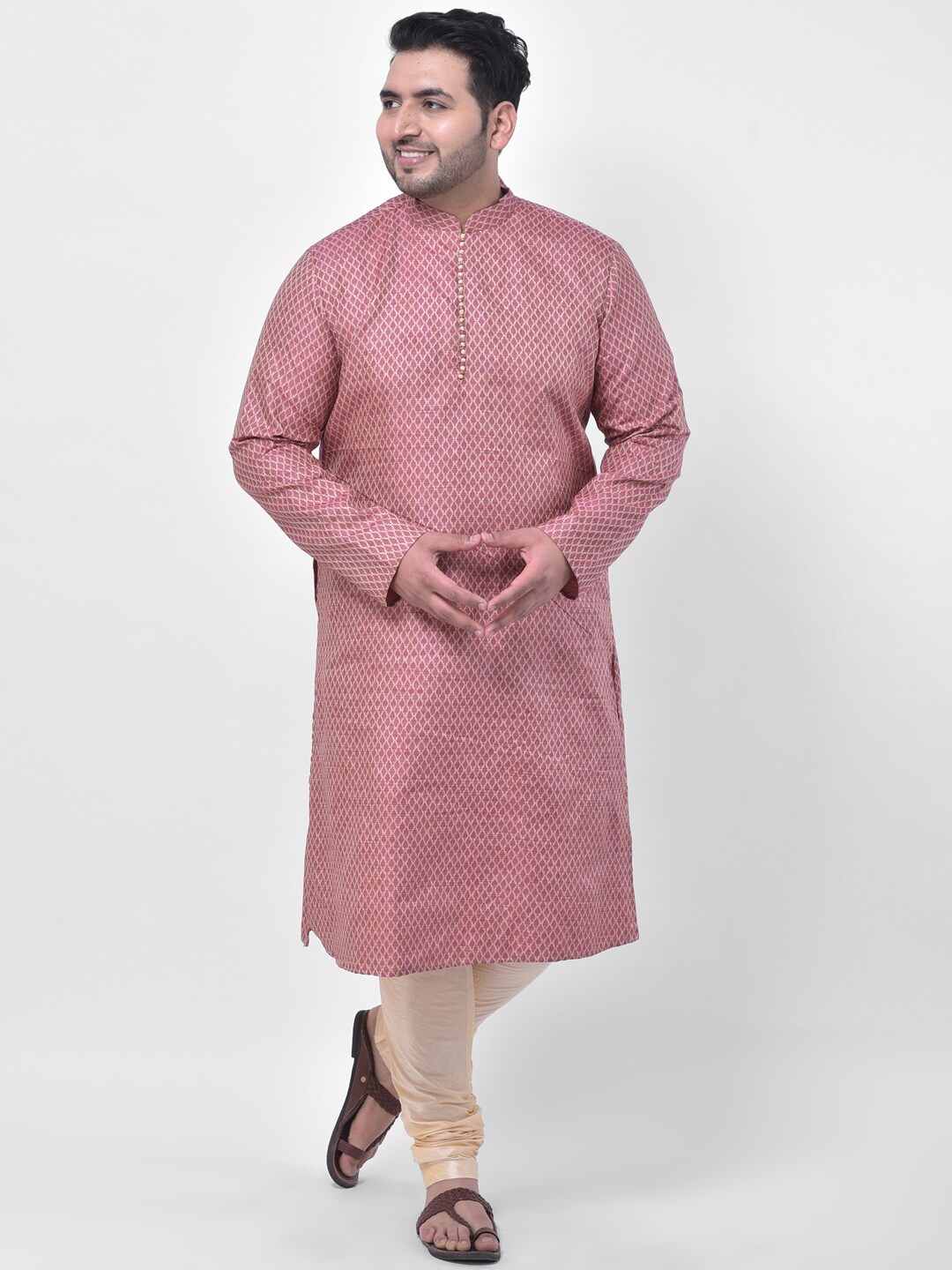 

DEYANN PLUS Men Plus Size Pink Woven Design Jacquard Silk Kurta