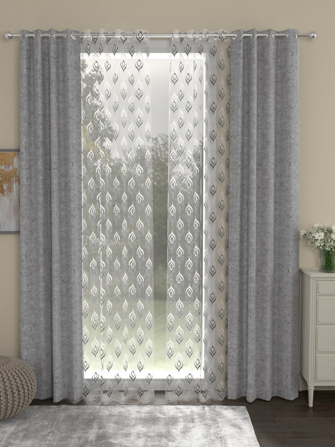 

ROSARA HOME Grey & White Set of 4 Eyelet Regular & Sheer Long Door Curtains