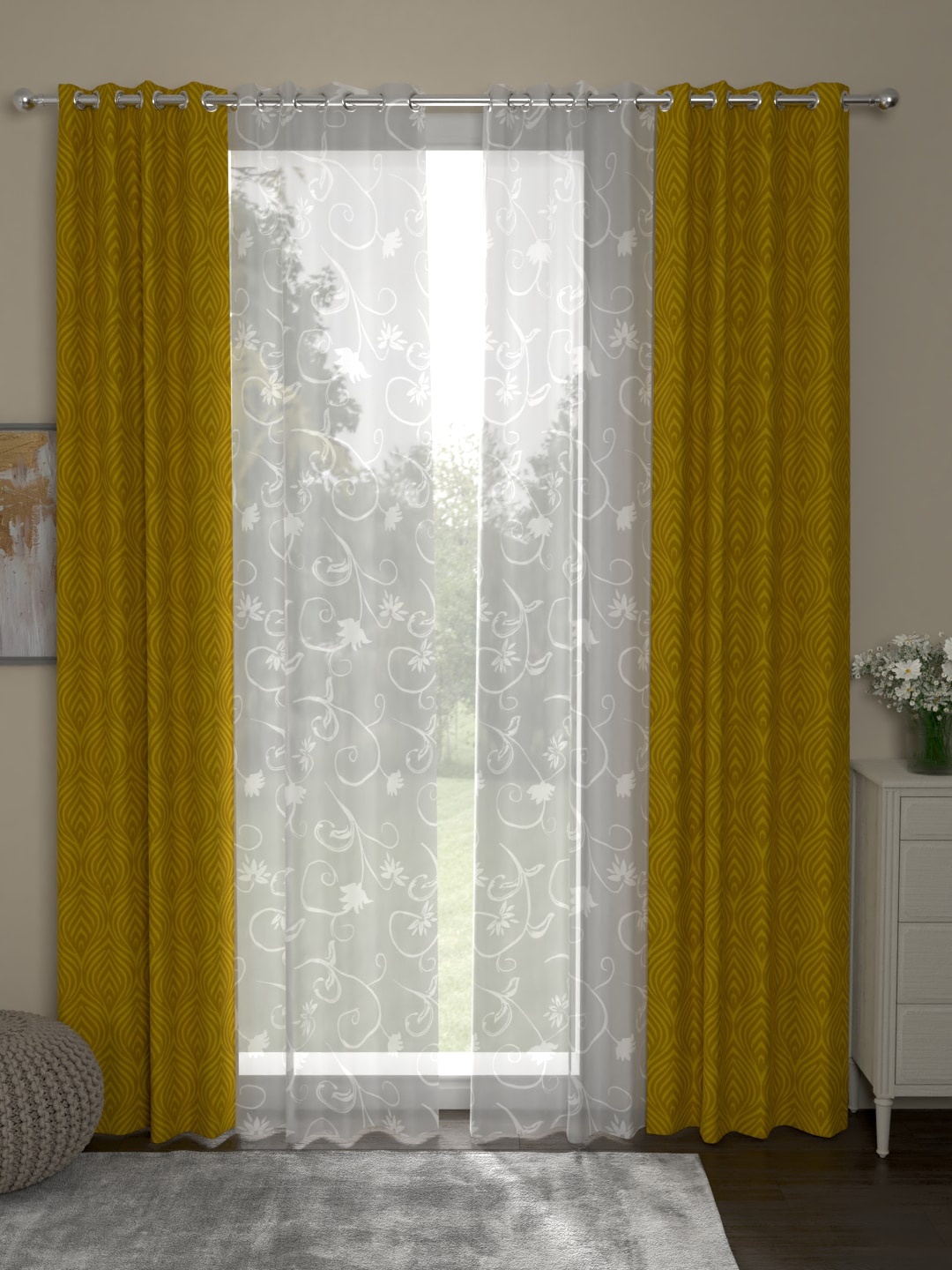 

ROSARA HOME Gold & White Set of 4 Long Door Curtains