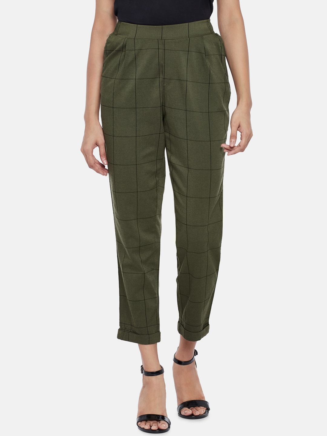

Honey by Pantaloons Women Olive Green Regular Fit Checked Peg Trousers