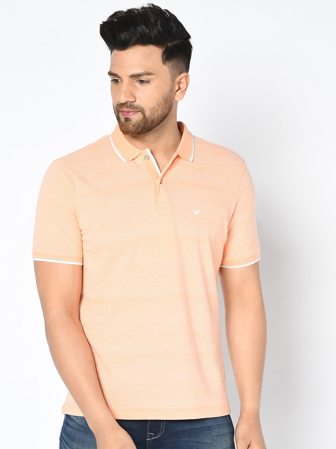 

Blackberrys Men Peach-Coloured Slim Fit Printed Polo Collar T-shirt