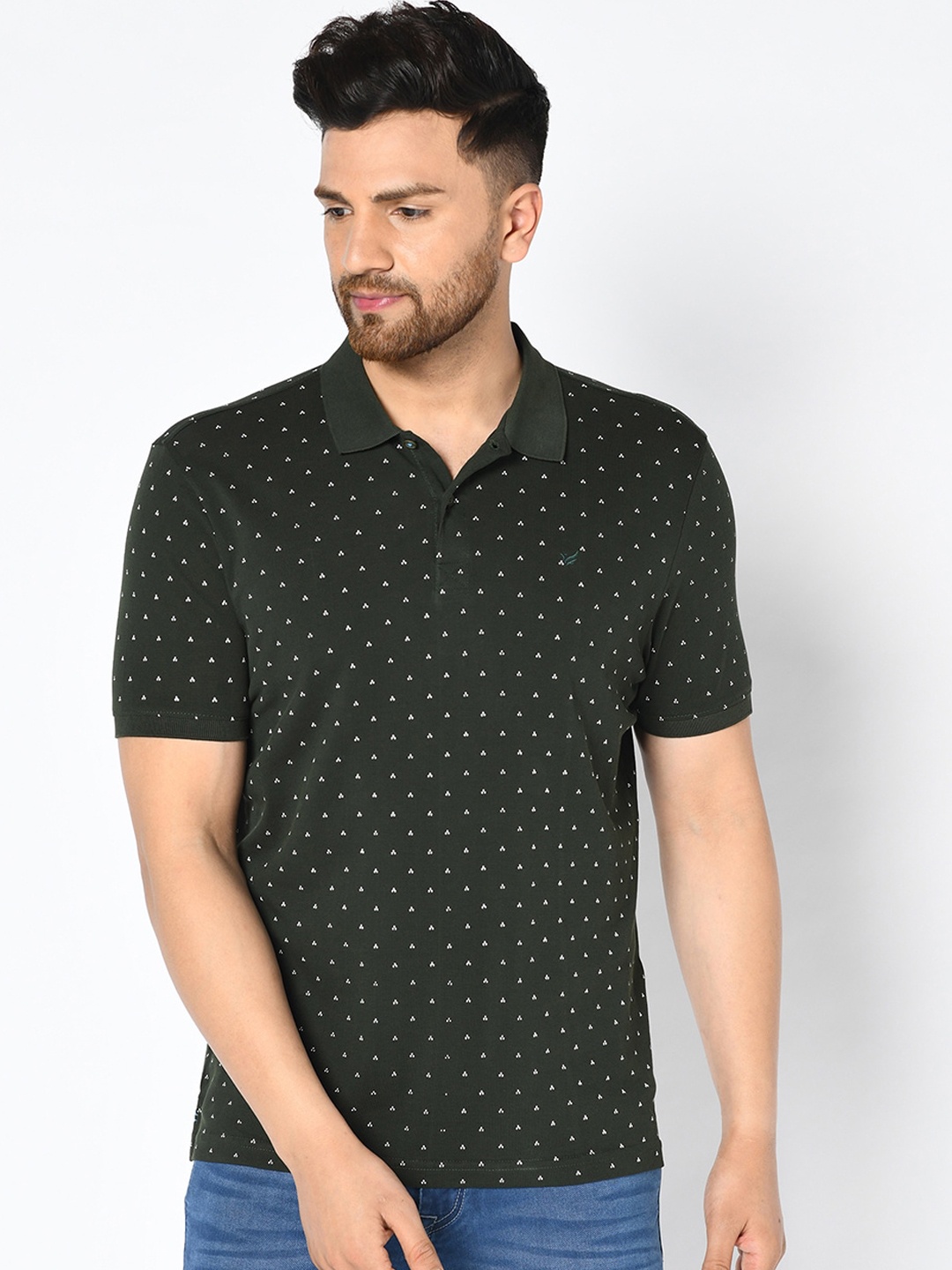 

Blackberrys Men Olive Green Printed Polo Collar T-shirt