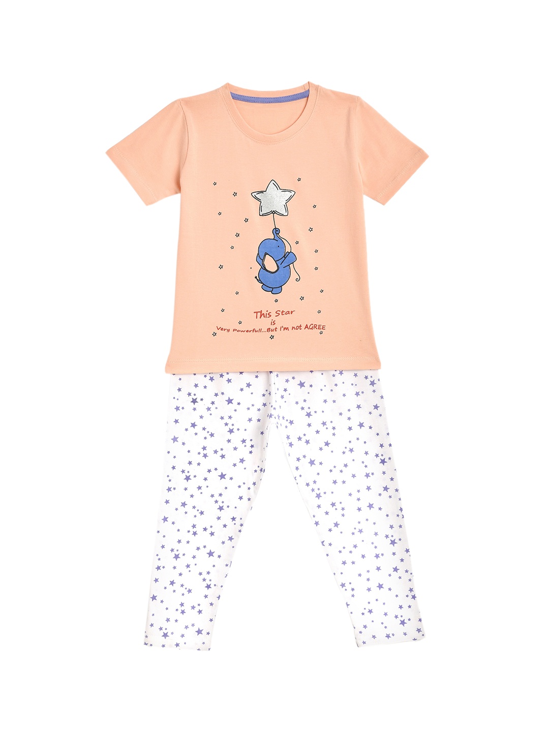 

KIDSCRAFT Girls Peach-Coloured & White Printed T-shirt with Pyjamas