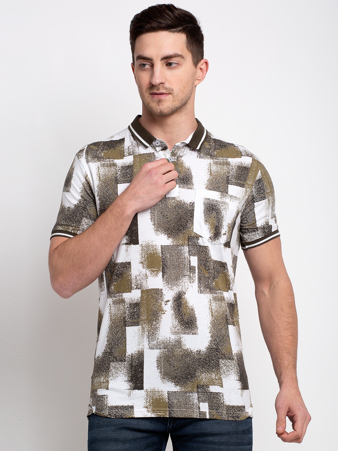 

Rodamo Men White & Olive Green Printed Polo Collar T-shirt