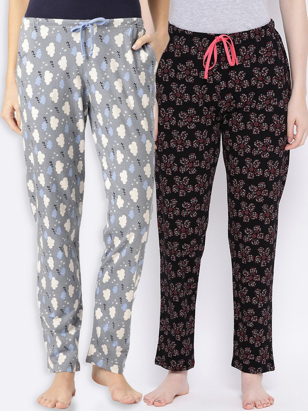 

Kanvin Women Pack Of 2 Grey & Black Printed Lounge Pants