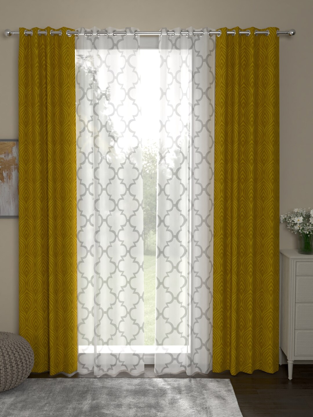

ROSARA HOME Mustard Yellow & White Set of 4 Regular & Sheer Long Door Curtains