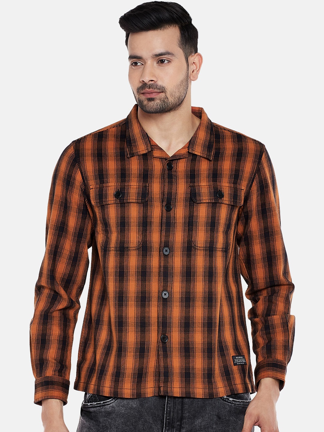 

People Men Orange Regular Fit Checked Casual Shirt
