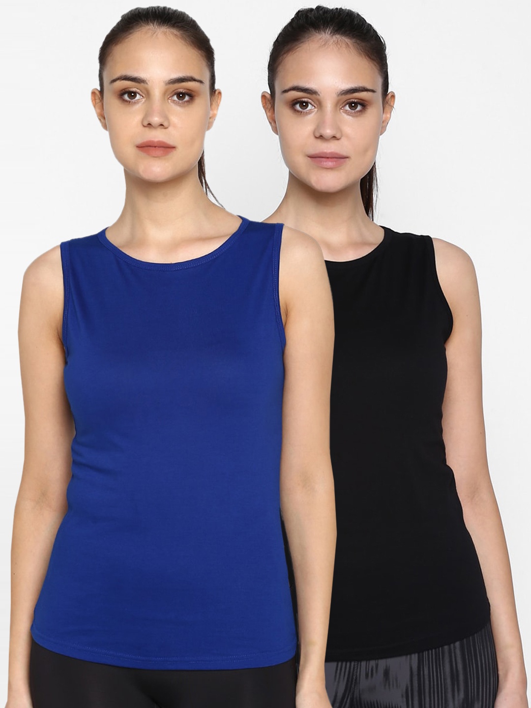 

appulse Women Pack of 2 Blue & Black Solid Round Neck T-shirt