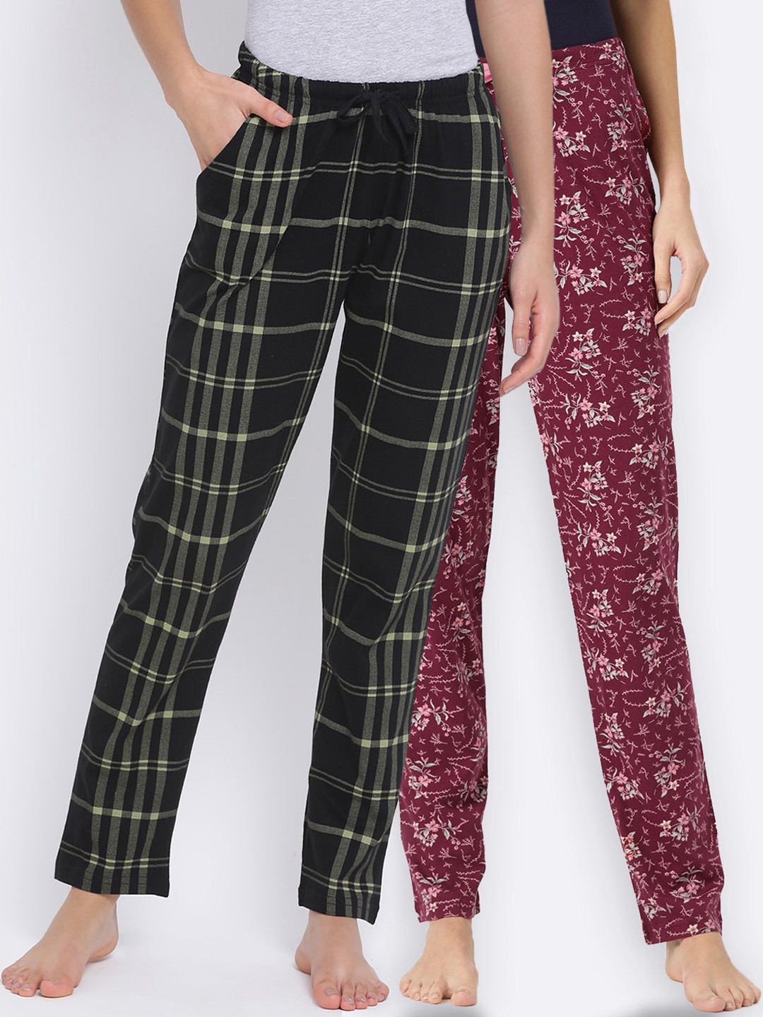 

Kanvin Women Pack of 2 Printed Cotton Lounge Pants PJ1018+PJ1102, Maroon