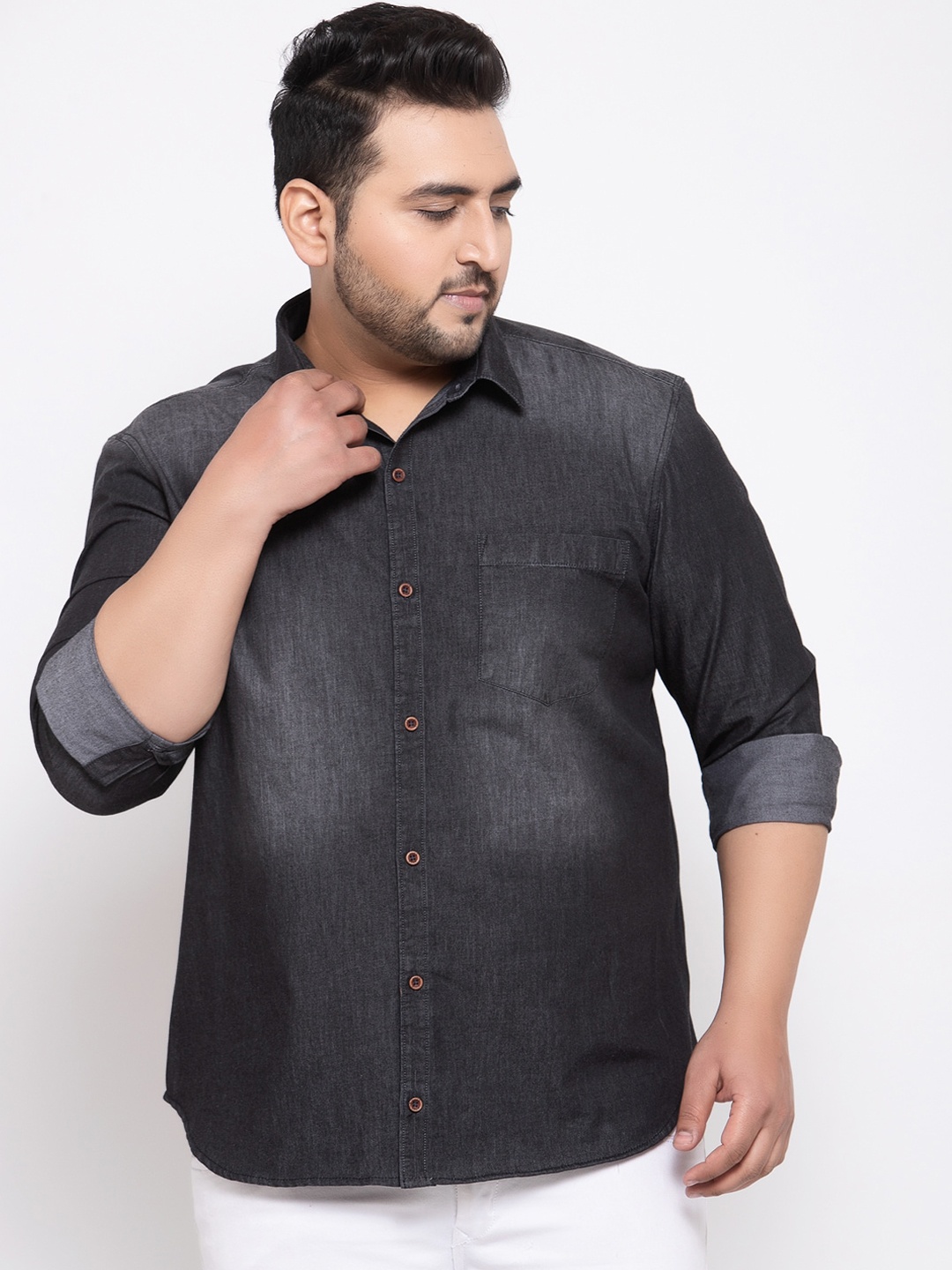 plusS Men Regular Fit Denim Shirt, Black