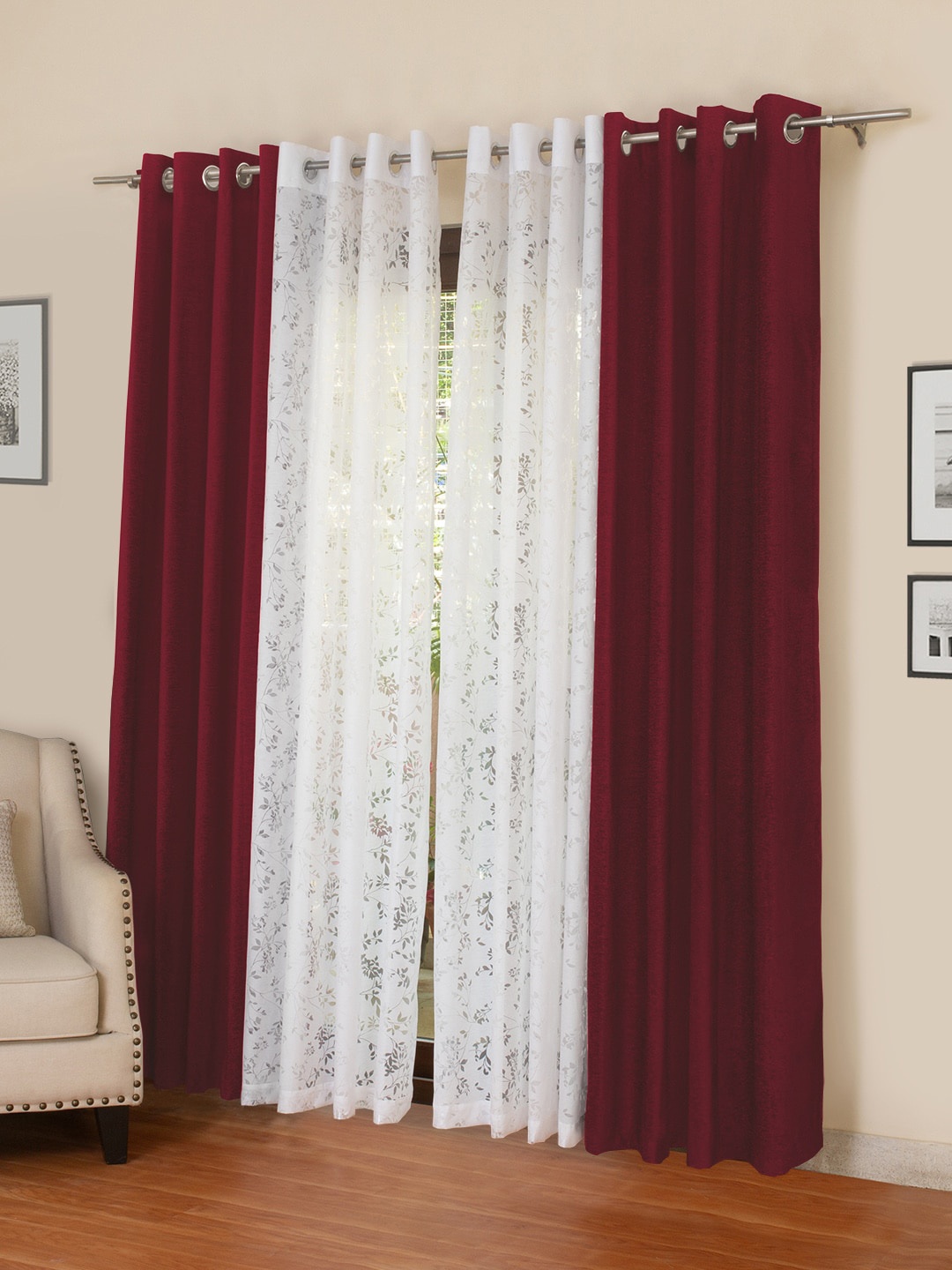 ROSARA HOME Maroon & White Set of 4 Long Door Curtains