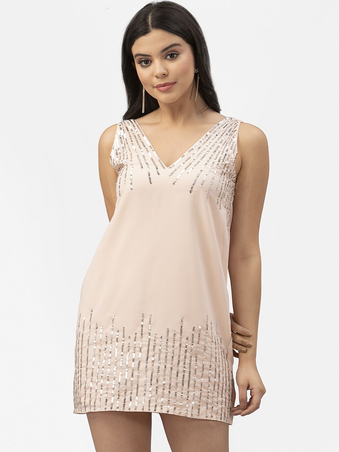 

Style Quotient Women Nude-Coloured Embellished A-Line Dress