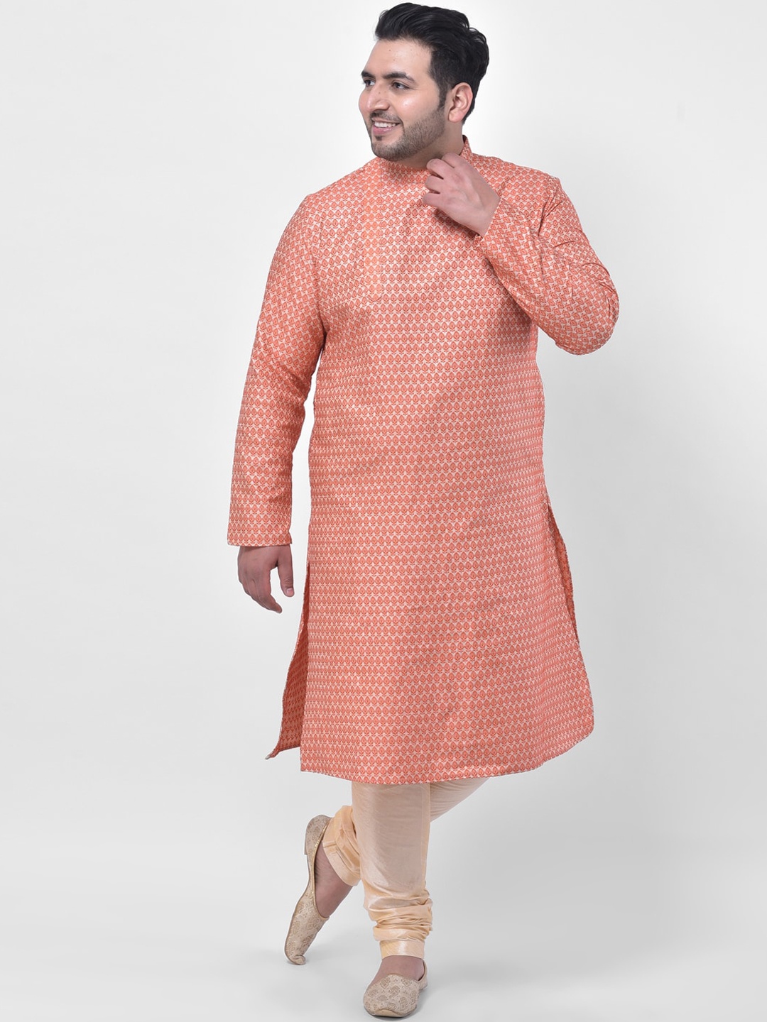 

DEYANN PLUS Men Orange & Cream-Coloured Self Design Kurta with Churidar