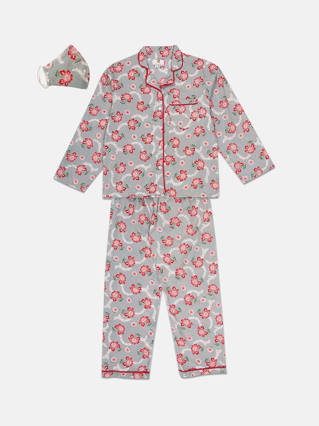 

TINY HUG Girls Grey & Red Printed Night Suit & 2-Ply Cloth Mask