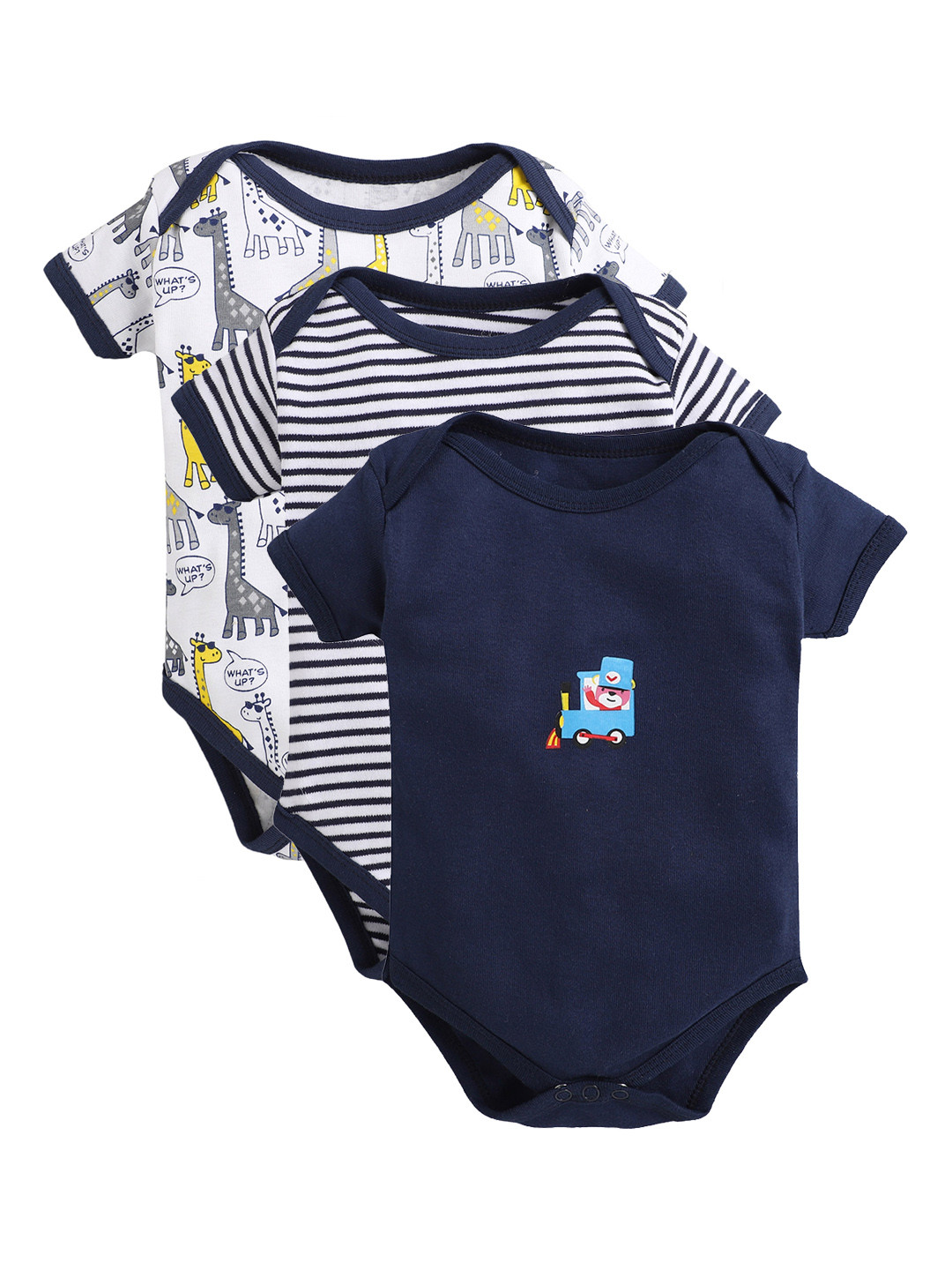

BUMZEE Infant Kids Pack Of 3 Printed Bodysuits, Navy blue