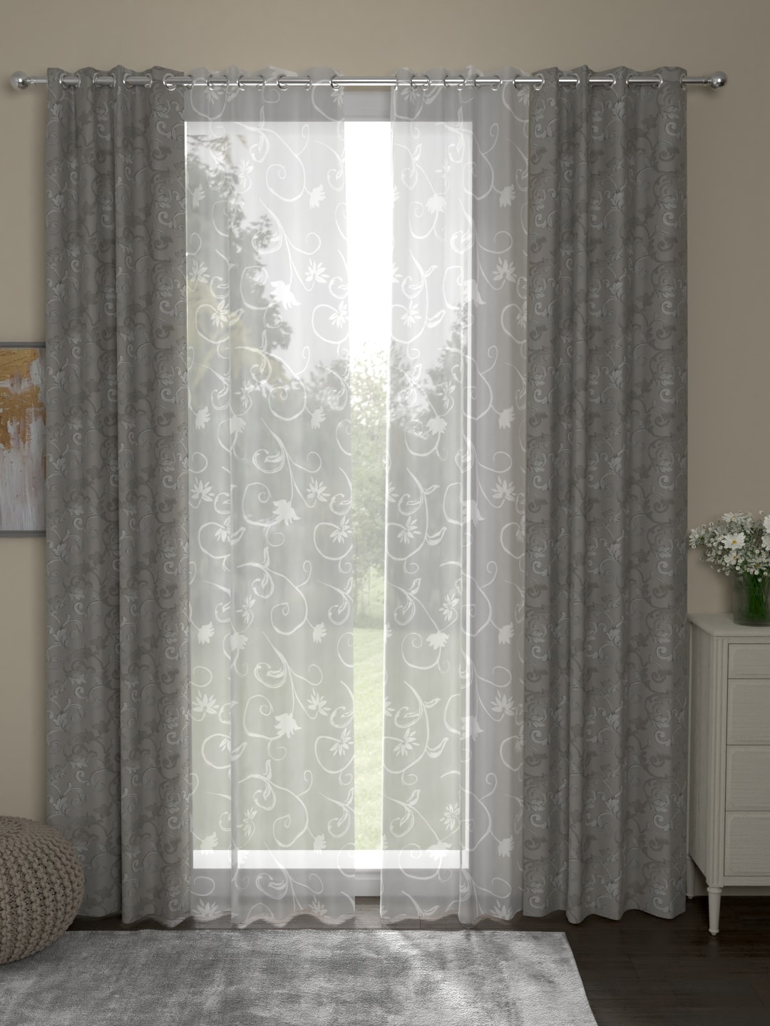 

ROSARA HOME Grey & White Set of 4 Regular & Sheer Eyelet Long Door Curtains