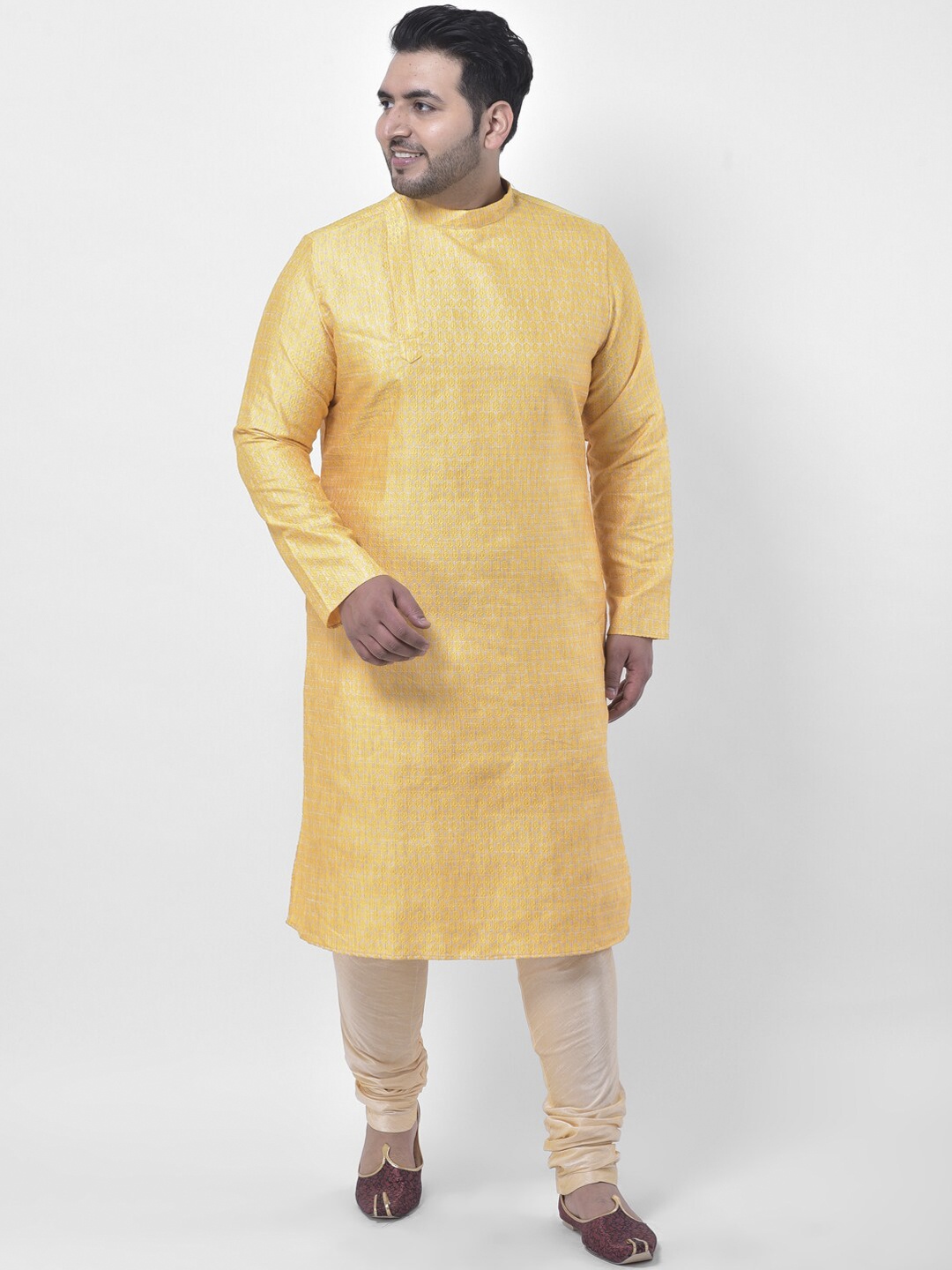 

DEYANN PLUS Men Plus Size Yellow Woven Design Jacquard Silk Kurta