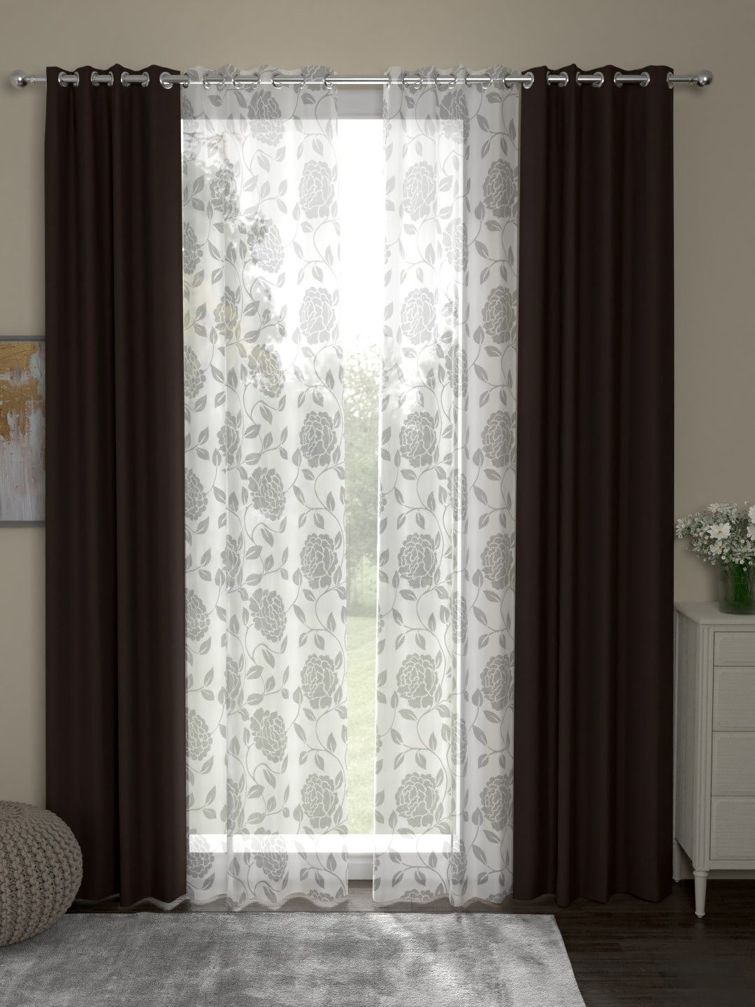 

ROSARA HOME Coffee Brown & White Set of 4 Eyelet Black Out & Sheer Long Door Curtains