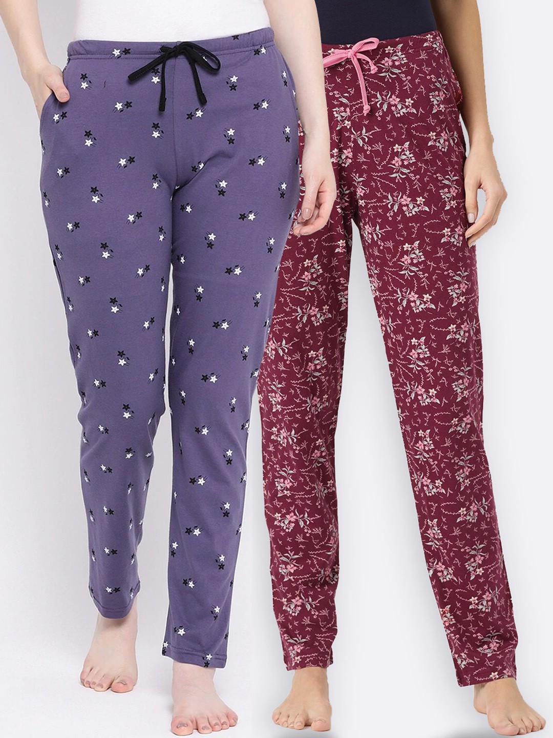 

Kanvin Women Pack of 2 Printed Cotton Lounge Pants PJ1018+PJ1054, Maroon